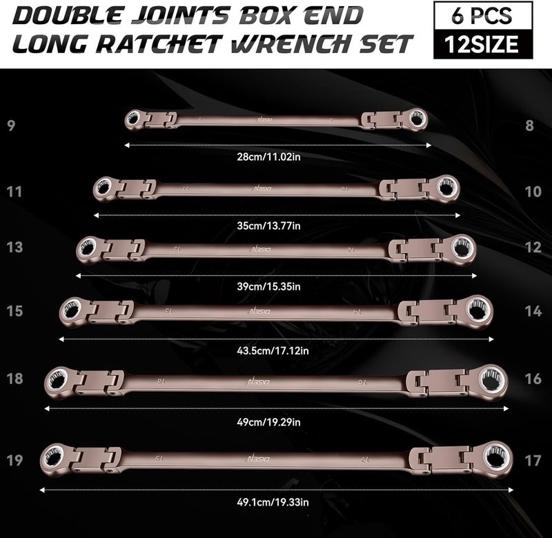 DISEN Upgraded Double Jointed Extra Long Flex Head Ratchet Wrench Set, 6 PCS Metric 8-19mm Box End Ratcheting Wrench set with Magnetic Pickup Tool, 72-Teeth, Cr-V Steel,12 Point, Grey Nickel - Image 4
